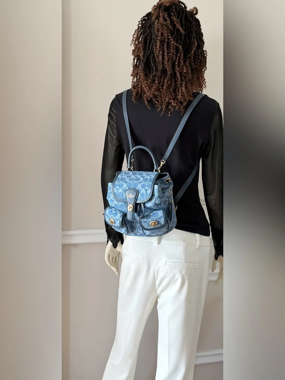 NWT Coach Hadley Backpack Signature Denim Blue Leather Gold Turnlock CDB95